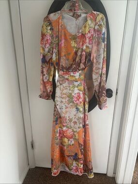 Floral Orange Multi Long-Sleeve Maxi Dress open low back